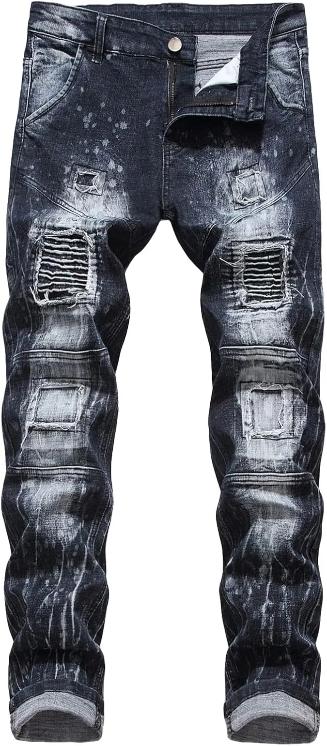 Men's Stretch Motorcycle Stitching Jeans Moto Wash Distressed Denim Jeans Pants Slim Skinny Fit Biker Jean