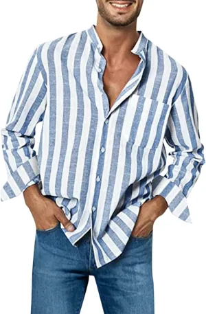 Mens Summer Linen Shirts Casual Striped Button Down Beach Shirts Regular Fit Lightweight Long Sleeve Dress Shirts with Pocket