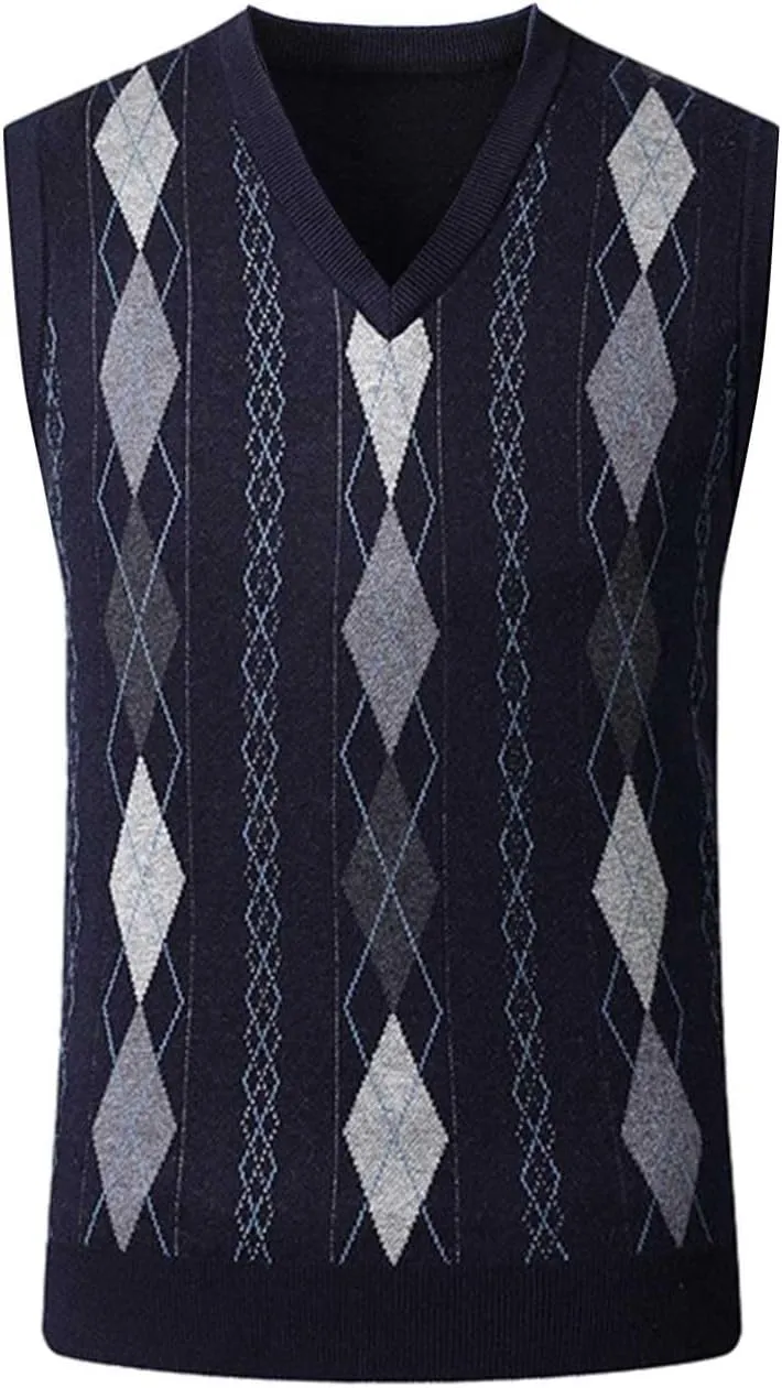 Men's Sweater Vests Argyle Plaid Knitted Business Casual Pullover Sweater V Neck Sleeveless Comfy Trendy Jumper Tops