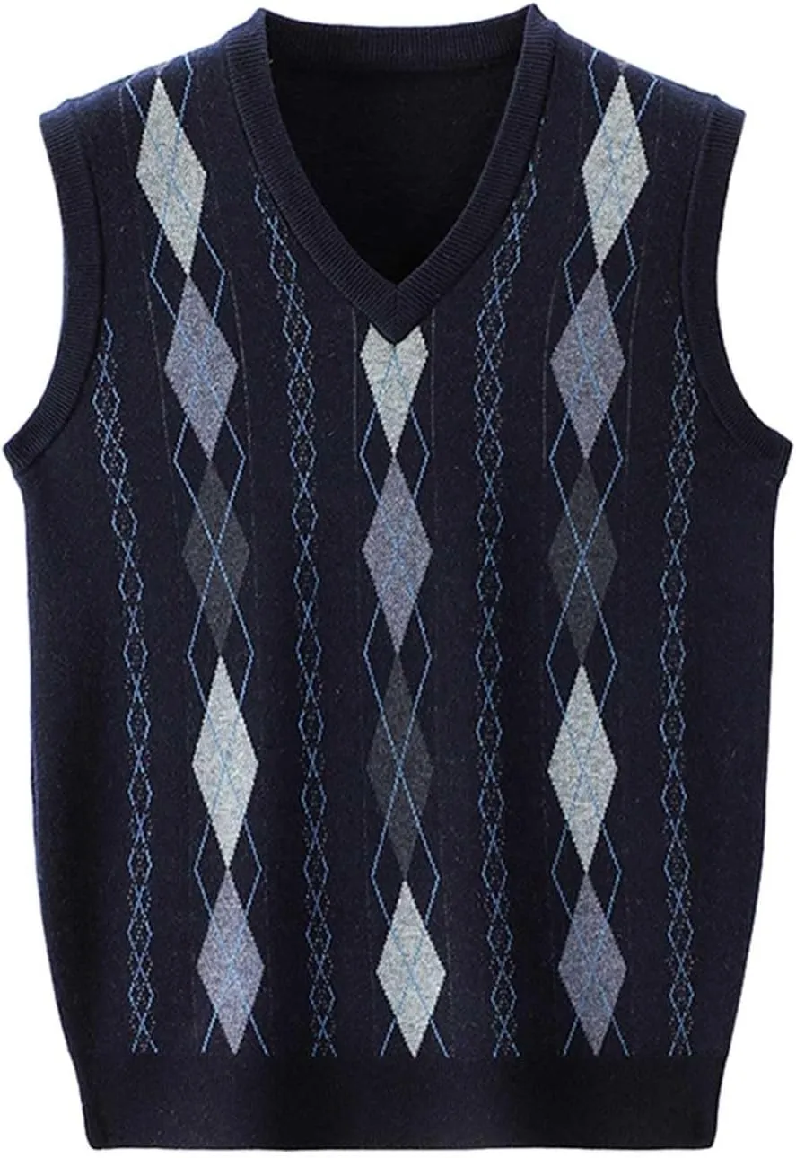 Men's Sweater Vests Argyle Plaid Knitted Business Casual Pullover Sweater V Neck Sleeveless Comfy Trendy Jumper Tops