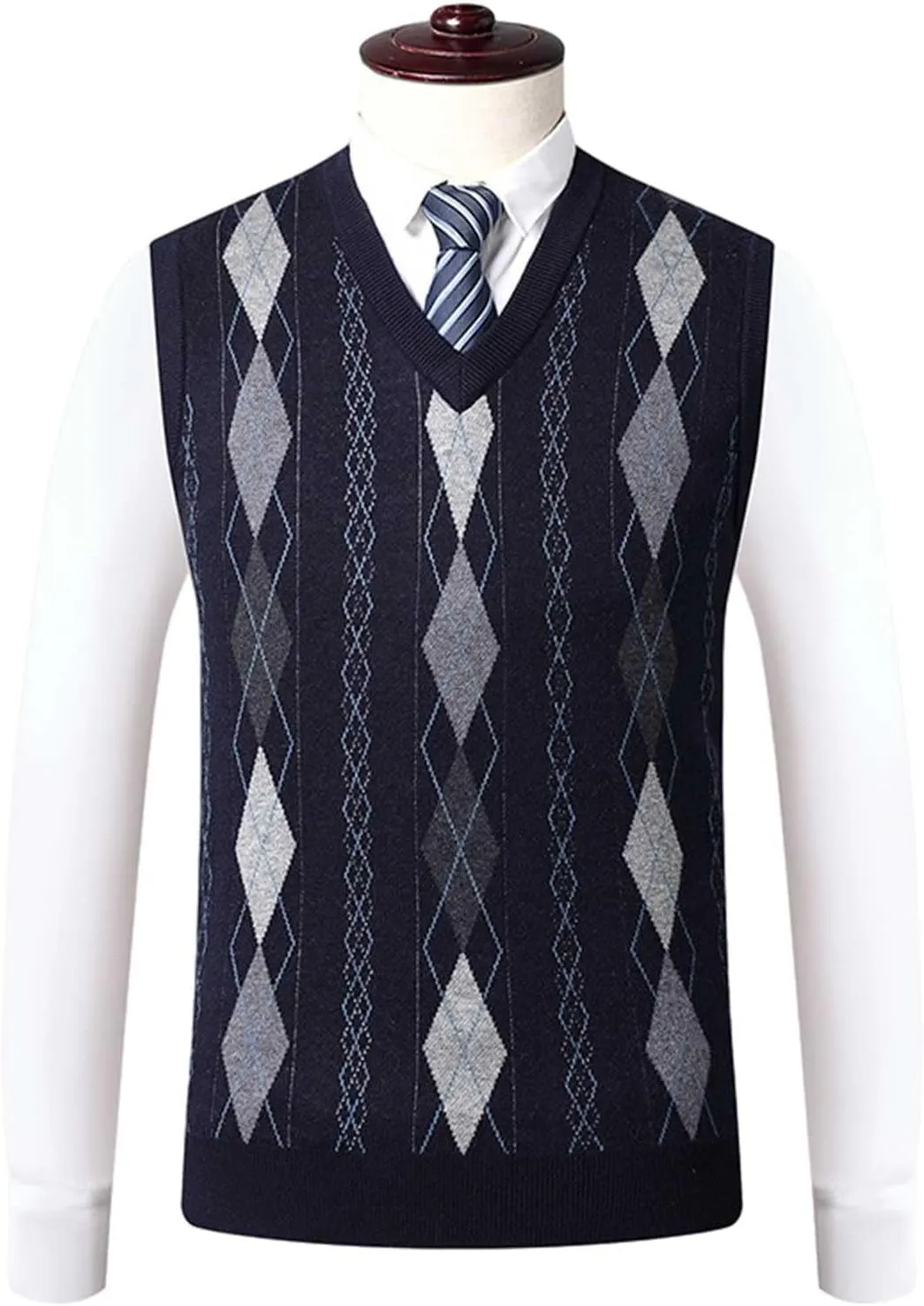 Men's Sweater Vests Argyle Plaid Knitted Business Casual Pullover Sweater V Neck Sleeveless Comfy Trendy Jumper Tops