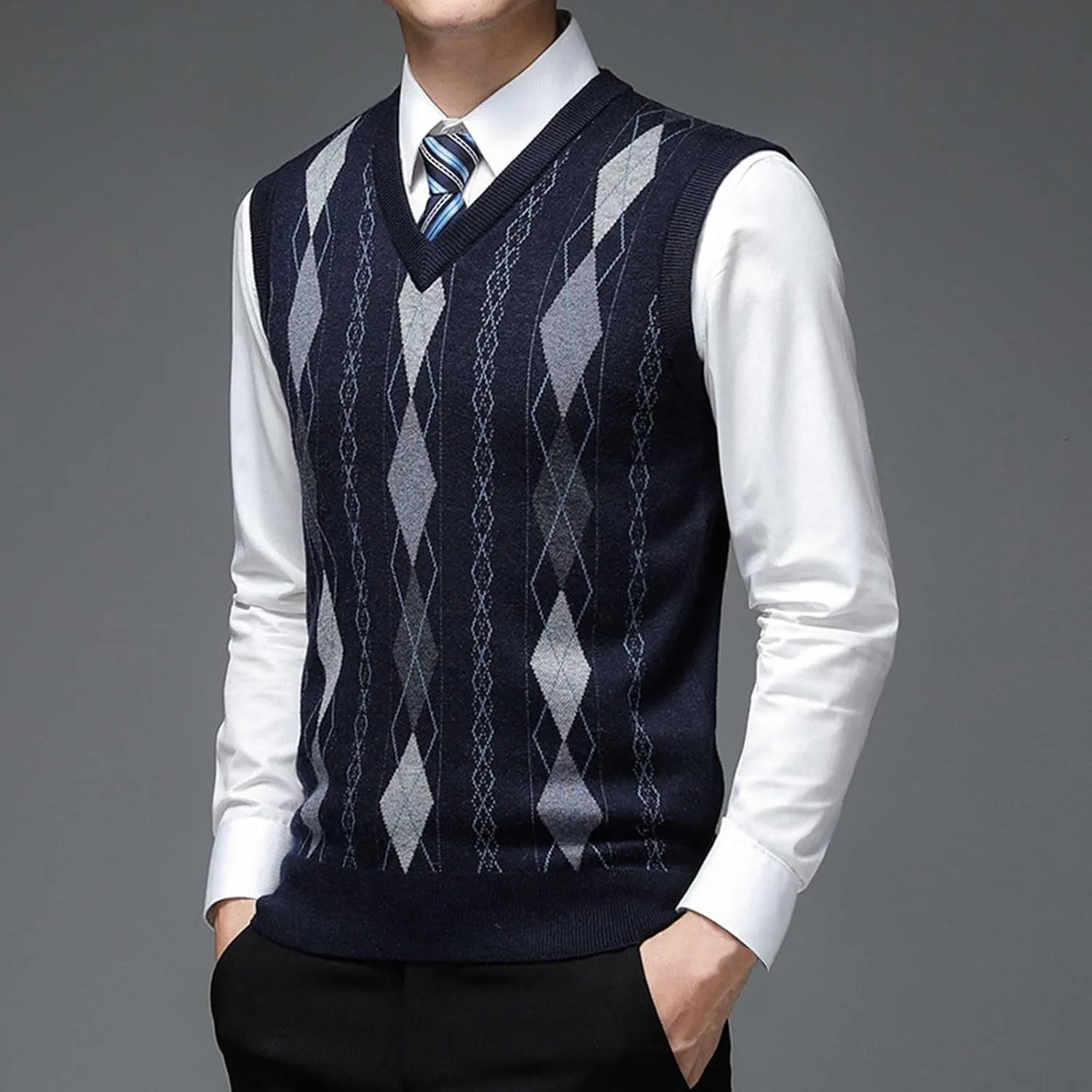 Men's Sweater Vests Argyle Plaid Knitted Business Casual Pullover Sweater V Neck Sleeveless Comfy Trendy Jumper Tops