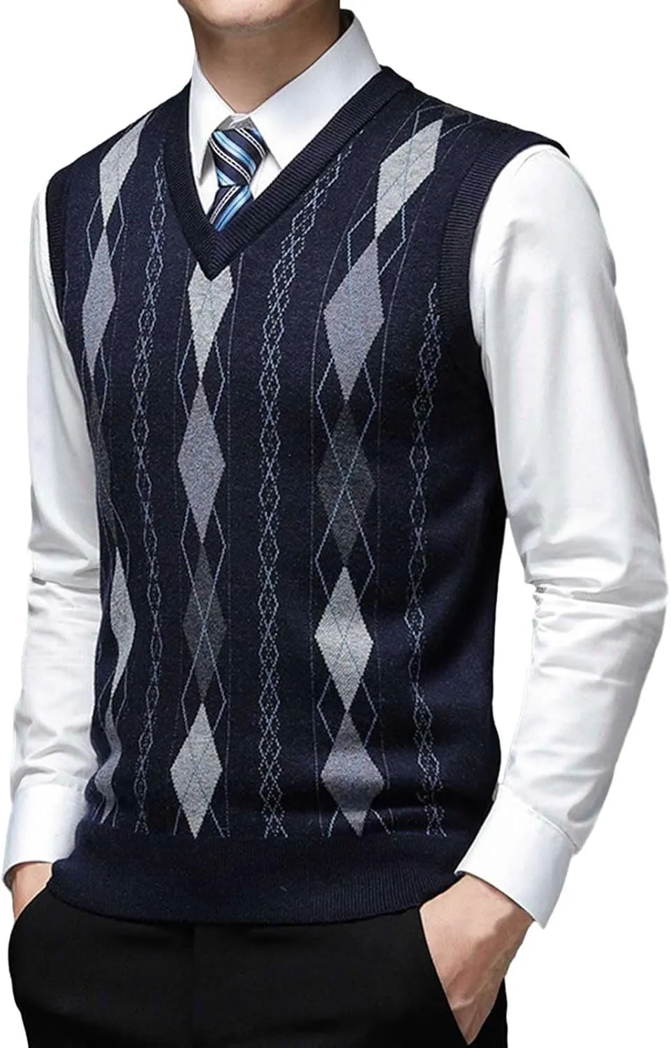 Men's Sweater Vests Argyle Plaid Knitted Business Casual Pullover Sweater V Neck Sleeveless Comfy Trendy Jumper Tops