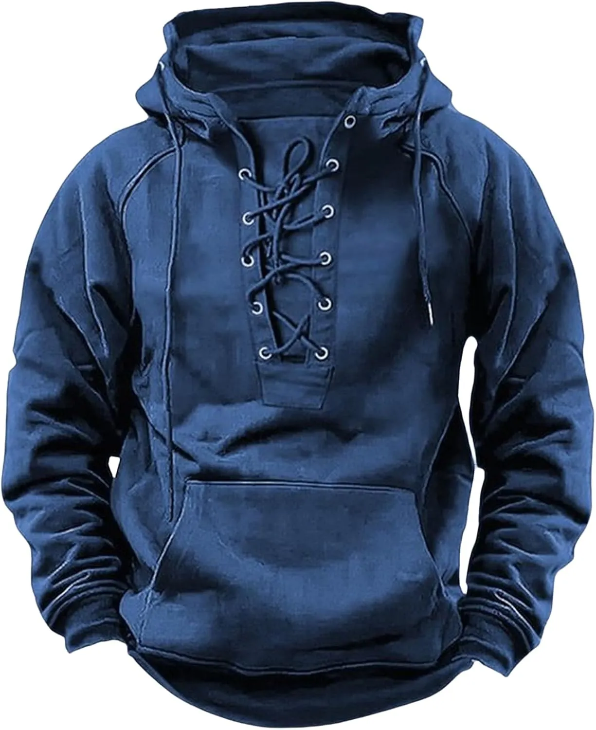 Mens Tactical Sweatshirts Lace Up Aztec Hooded Pullover Long Sleeve Cargo Workout Outdoor Hoodies with Pocket