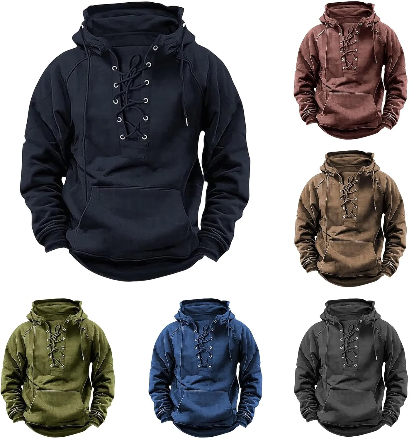 Mens Tactical Sweatshirts Lace Up Aztec Hooded Pullover Long Sleeve Cargo Workout Outdoor Hoodies with Pocket
