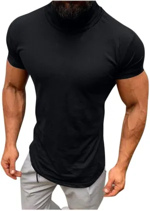 Men's Turtleneck T Shirt Short Sleeve Muscle Shirt Lightweight Summer Solid Color Tee Breathable Workout Gym Training Top