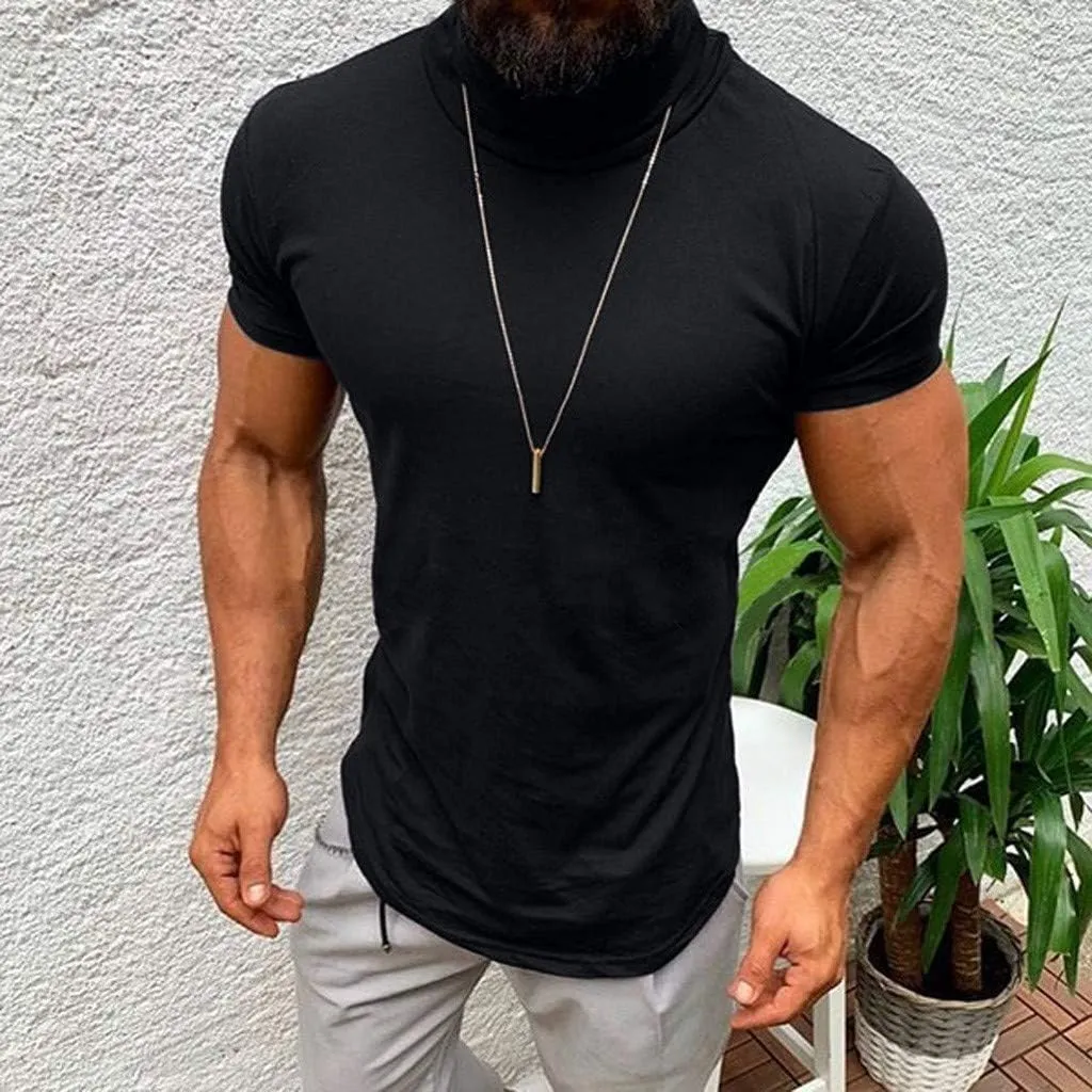 Men's Turtleneck T Shirt Short Sleeve Muscle Shirt Lightweight Summer Solid Color Tee Breathable Workout Gym Training Top