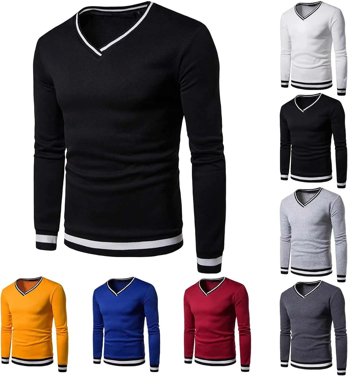 Mens V Neck Sweatshirts Casual Athletic Jumper Sweaters Long Sleeve Shirts Contrast Color Fall Knittede Pullover Top
