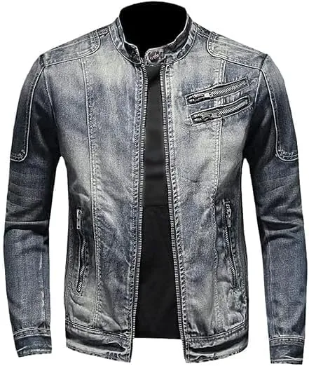 Men's Vintage Stand Collar Denim Jacket Casual Lightweight Distressed Motorcycle Coat Slim Zipper Warm Jean Jacket
