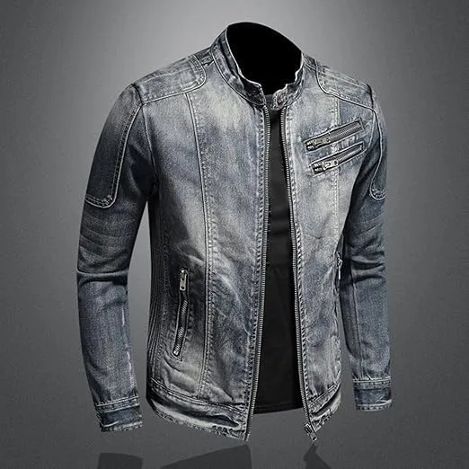 Men's Vintage Stand Collar Denim Jacket Casual Lightweight Distressed Motorcycle Coat Slim Zipper Warm Jean Jacket