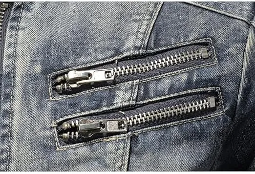 Men's Vintage Stand Collar Denim Jacket Casual Lightweight Distressed Motorcycle Coat Slim Zipper Warm Jean Jacket