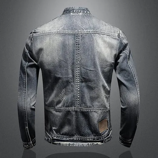 Men's Vintage Stand Collar Denim Jacket Casual Lightweight Distressed Motorcycle Coat Slim Zipper Warm Jean Jacket