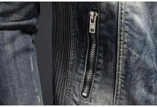 Men's Vintage Stand Collar Denim Jacket Casual Lightweight Distressed Motorcycle Coat Slim Zipper Warm Jean Jacket