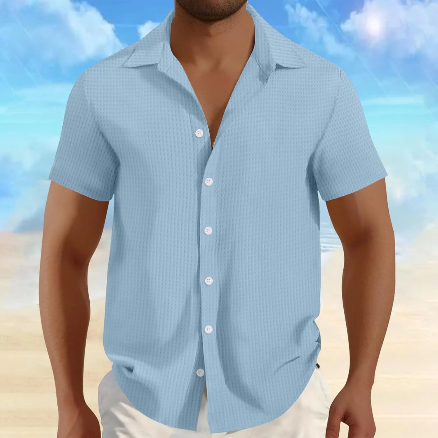 Men's Waffle Shirt Short Sleeve Button Down Shirts Summer Casual Beach Vacation Shirts Textured Wrinkle Free Shirt