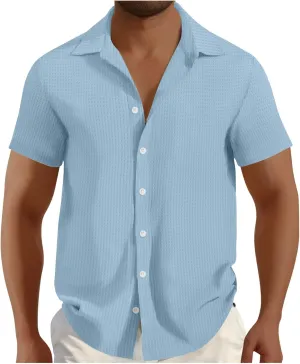Men's Waffle Shirt Short Sleeve Button Down Shirts Summer Casual Beach Vacation Shirts Textured Wrinkle Free Shirt