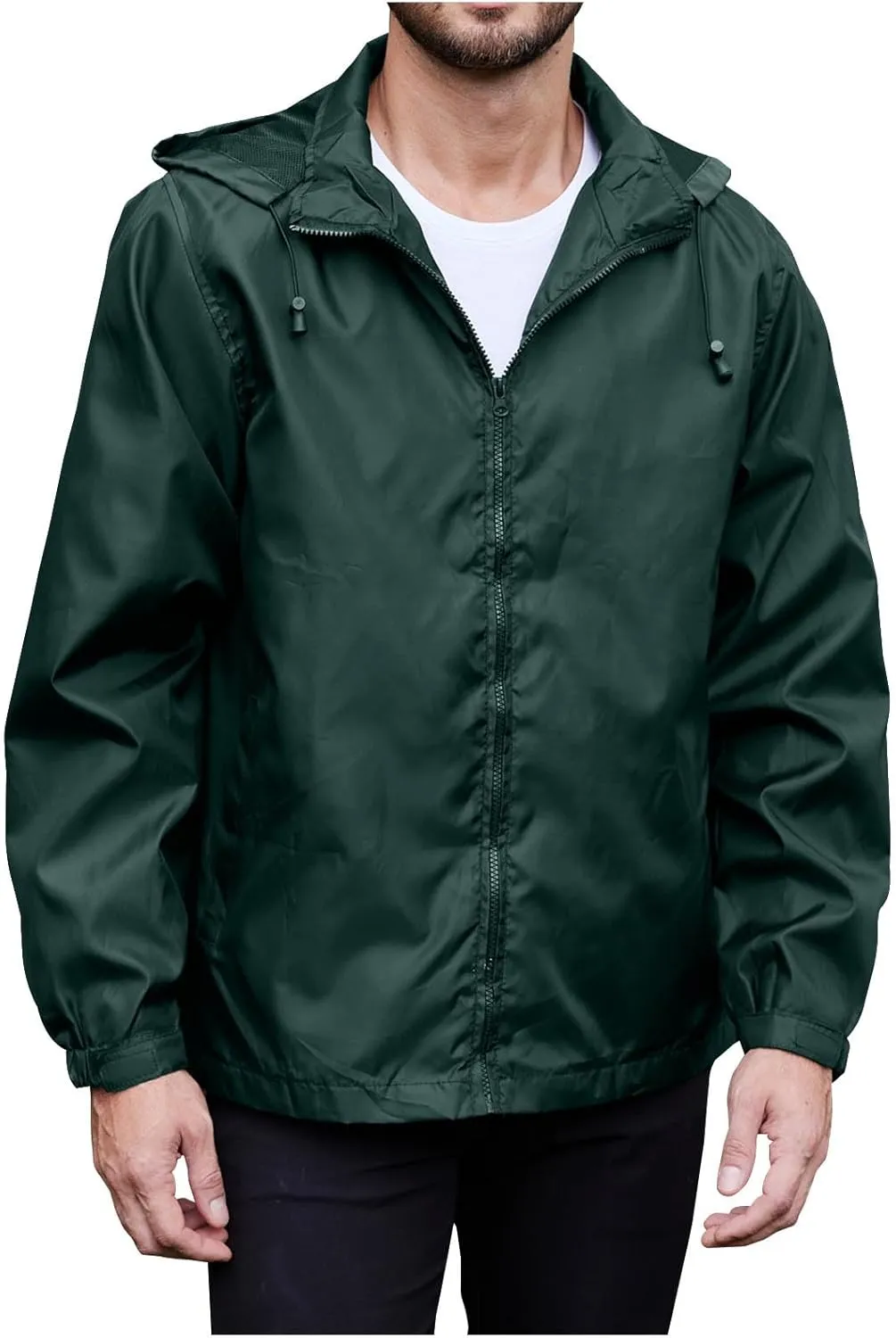 Men's Waterproof Raincoat Zip Up Lightweight Rain Jacket with Detachable Hood Softshell Windbreaker for Hiking Travel