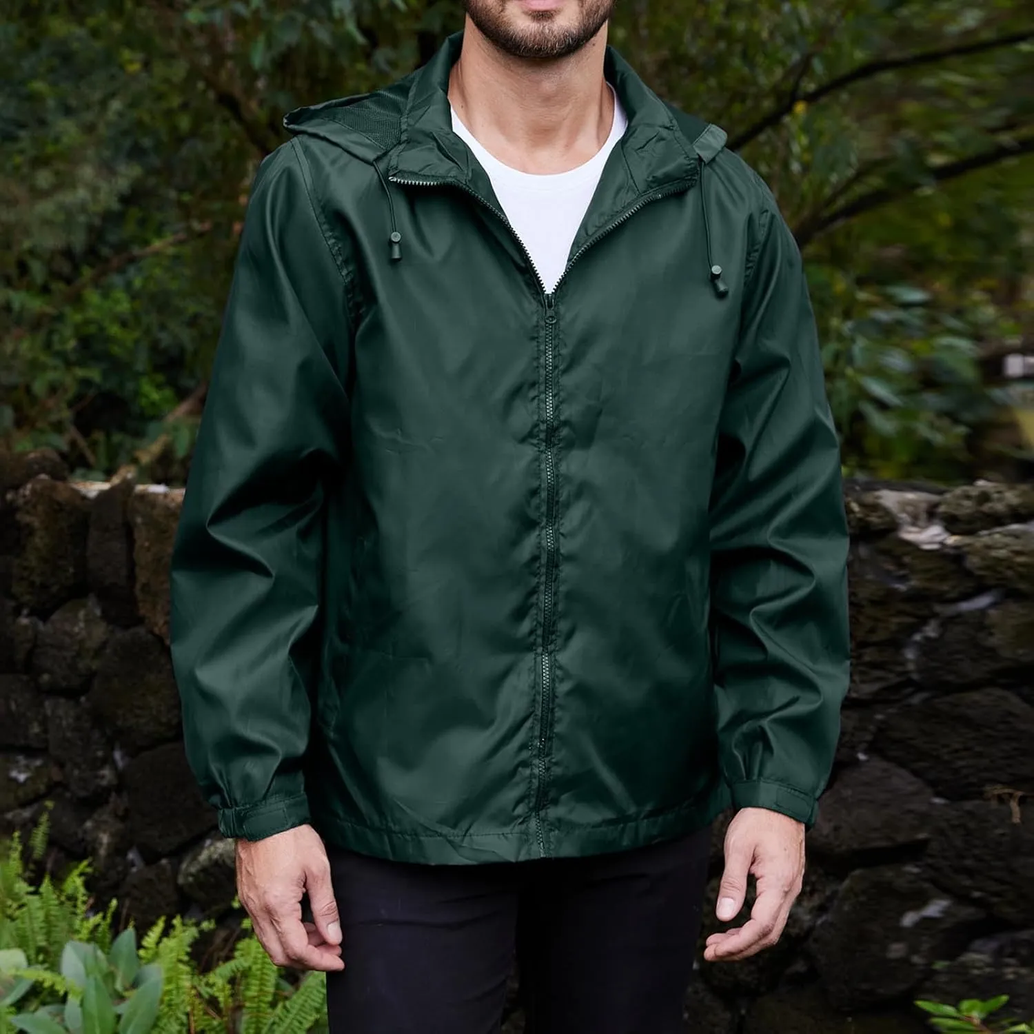 Men's Waterproof Raincoat Zip Up Lightweight Rain Jacket with Detachable Hood Softshell Windbreaker for Hiking Travel
