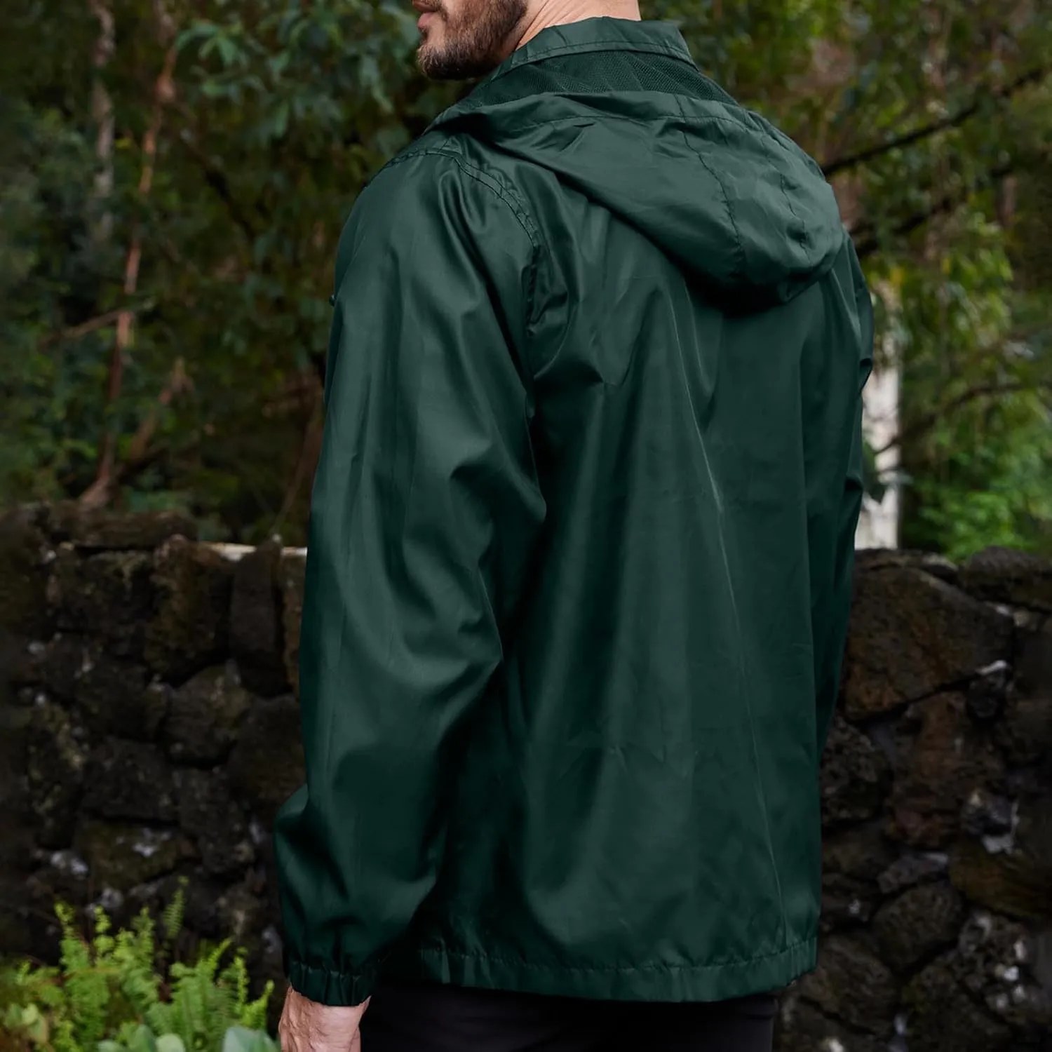 Men's Waterproof Raincoat Zip Up Lightweight Rain Jacket with Detachable Hood Softshell Windbreaker for Hiking Travel