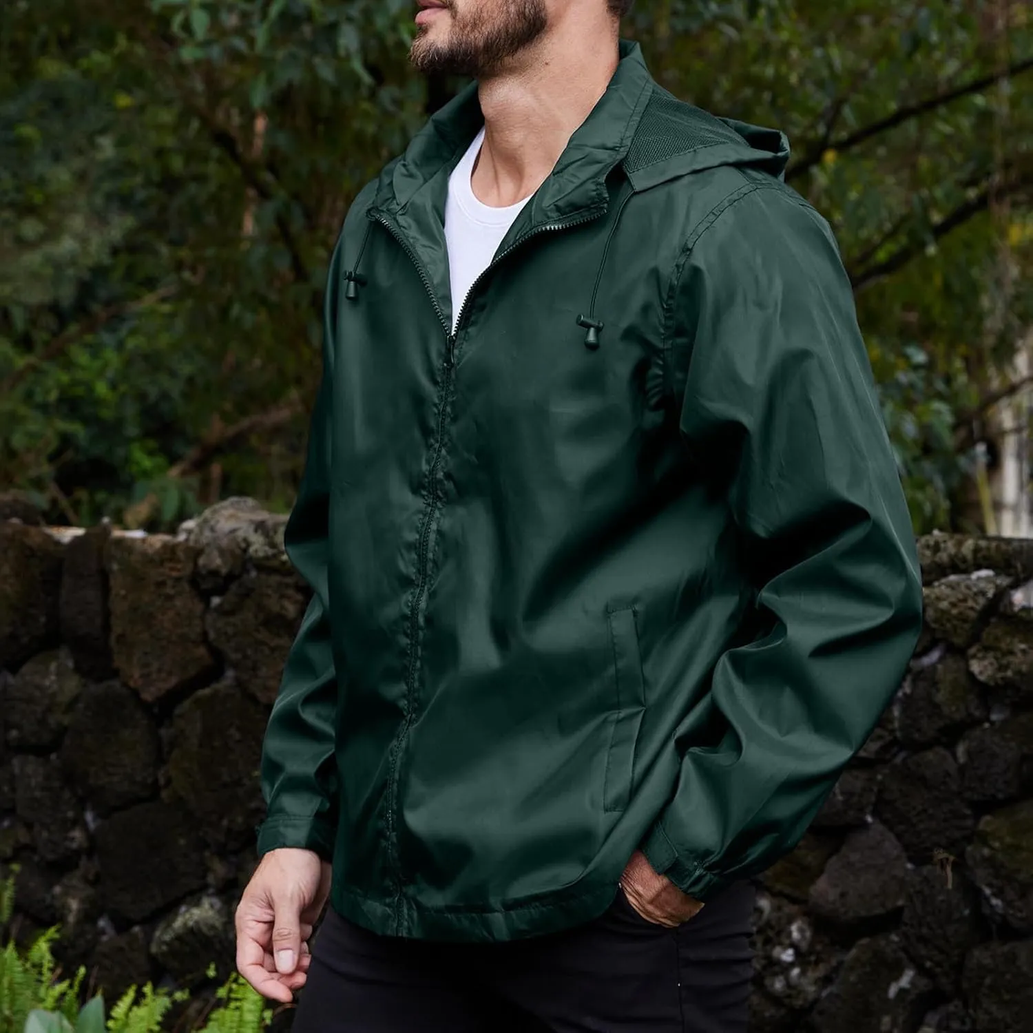 Men's Waterproof Raincoat Zip Up Lightweight Rain Jacket with Detachable Hood Softshell Windbreaker for Hiking Travel