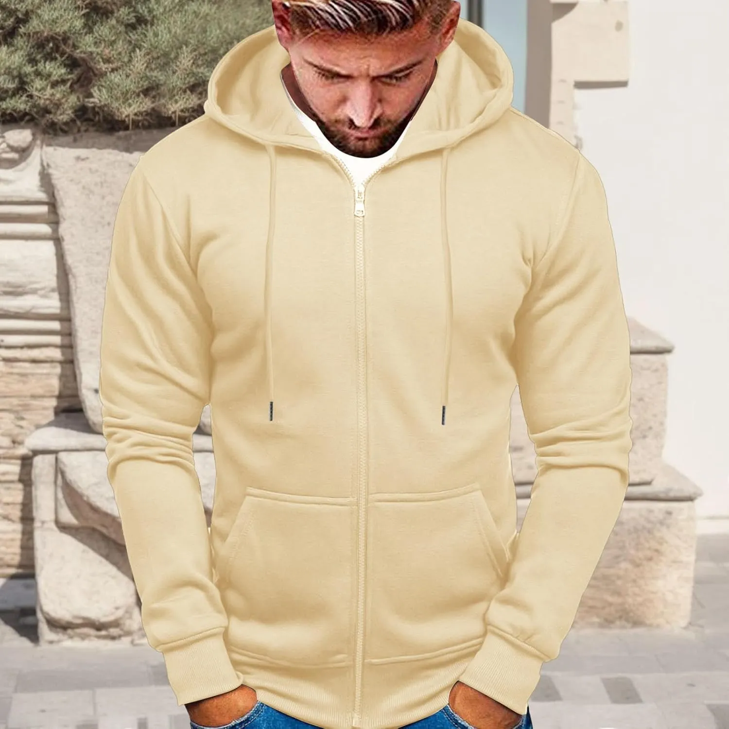 Men's Zip-up Hooded Sweatshirts Full-Zip Hoodie Long Sleeve Solid Color Drawstring Casual Hoodies for Men with Pocket