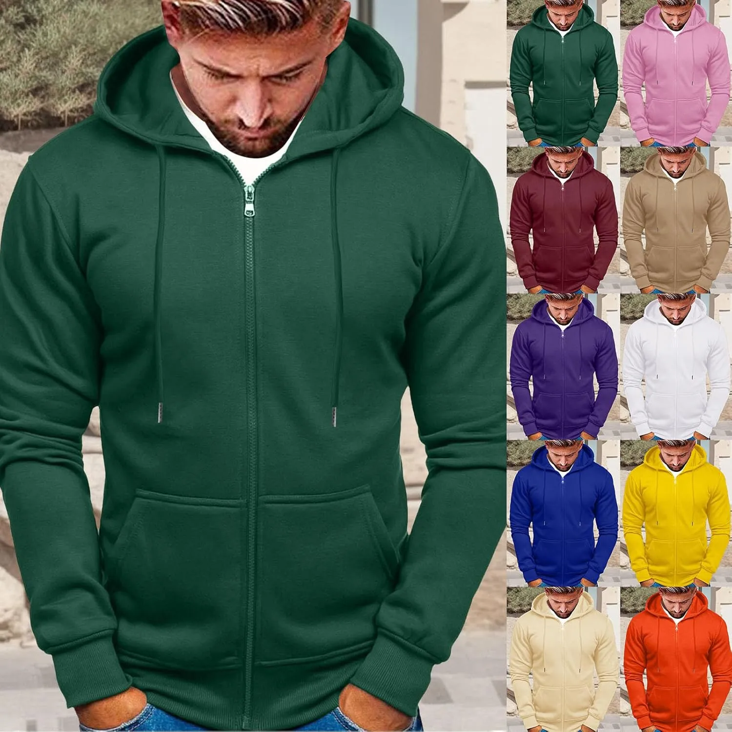 Men's Zip-up Hooded Sweatshirts Full-Zip Hoodie Long Sleeve Solid Color Drawstring Casual Hoodies for Men with Pocket