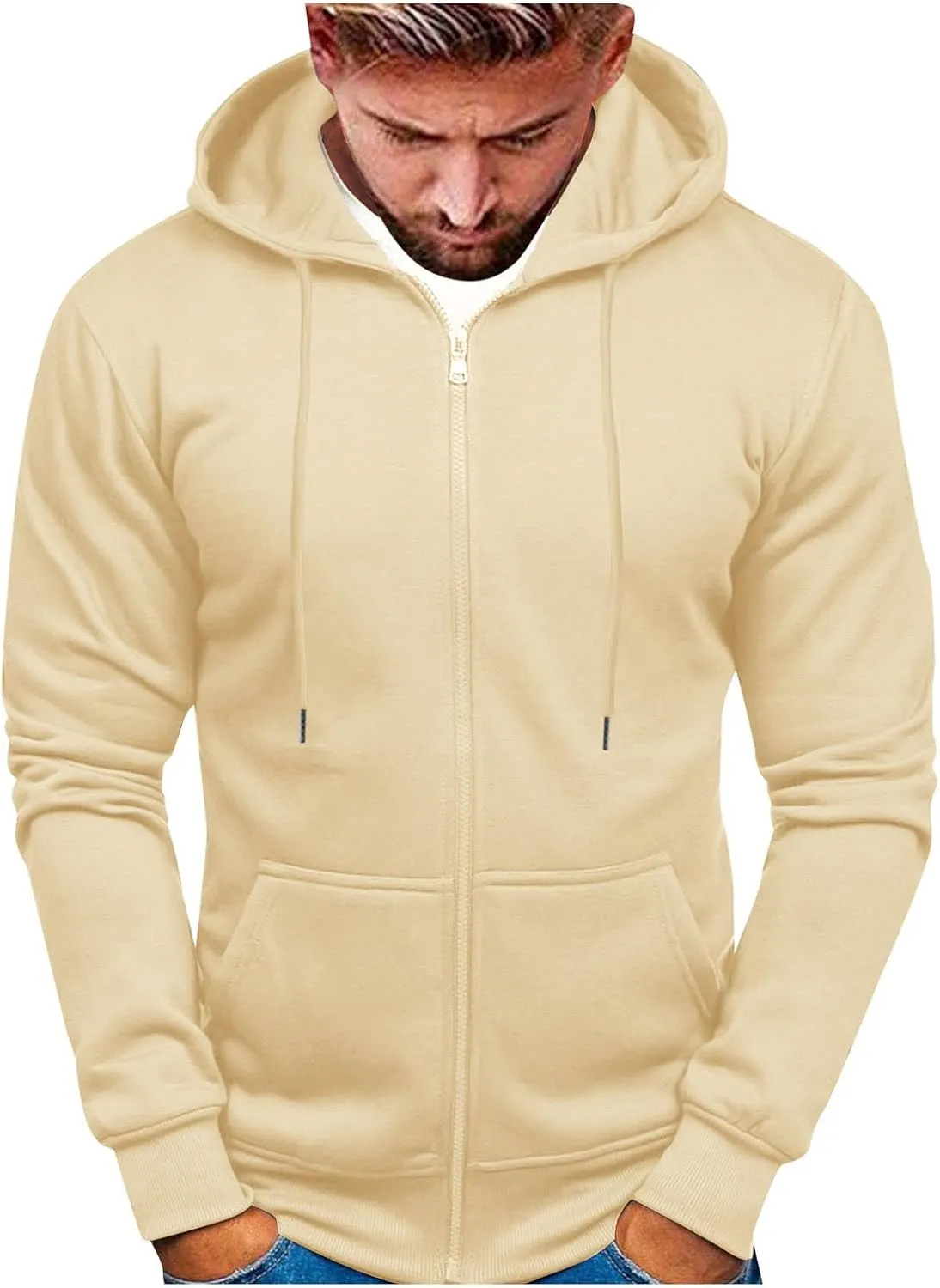 Men's Zip-up Hooded Sweatshirts Full-Zip Hoodie Long Sleeve Solid Color Drawstring Casual Hoodies for Men with Pocket