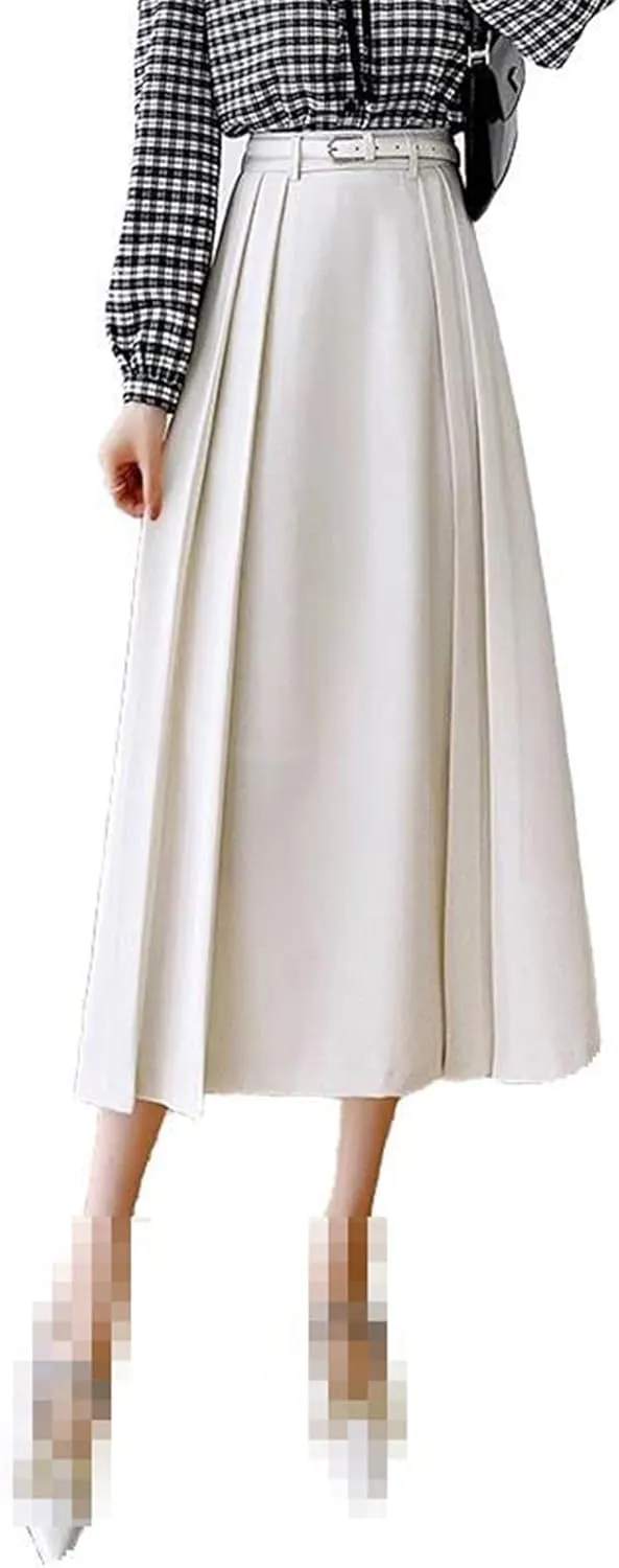Mid-Length high-Waist Skirt for Women,Spring,Office Flared Elastic Waist A-line Skirt