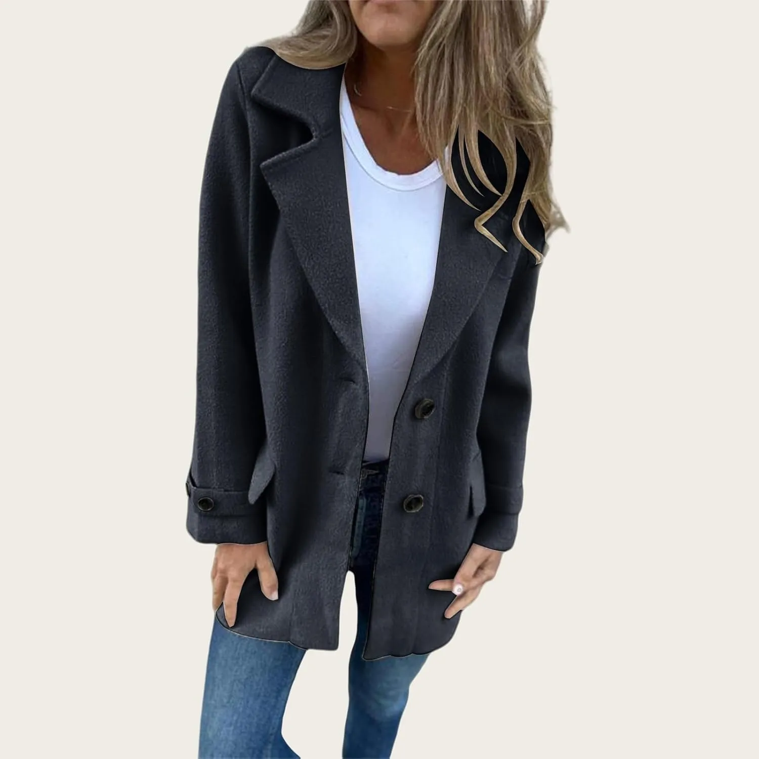 Mid-Long Coats for Women Notch Lapel Single Breasted Pea Coat Thicken Wool Blend Outwear Comfy Casual Trench Jacket