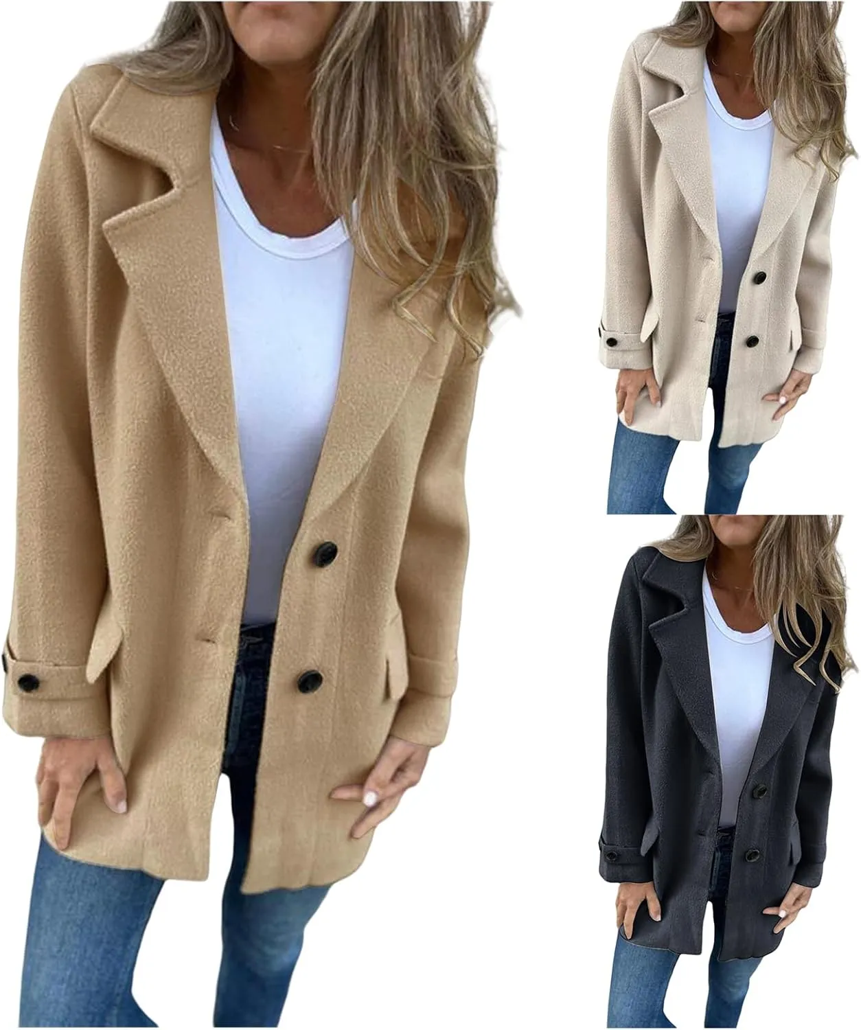Mid-Long Coats for Women Notch Lapel Single Breasted Pea Coat Thicken Wool Blend Outwear Comfy Casual Trench Jacket