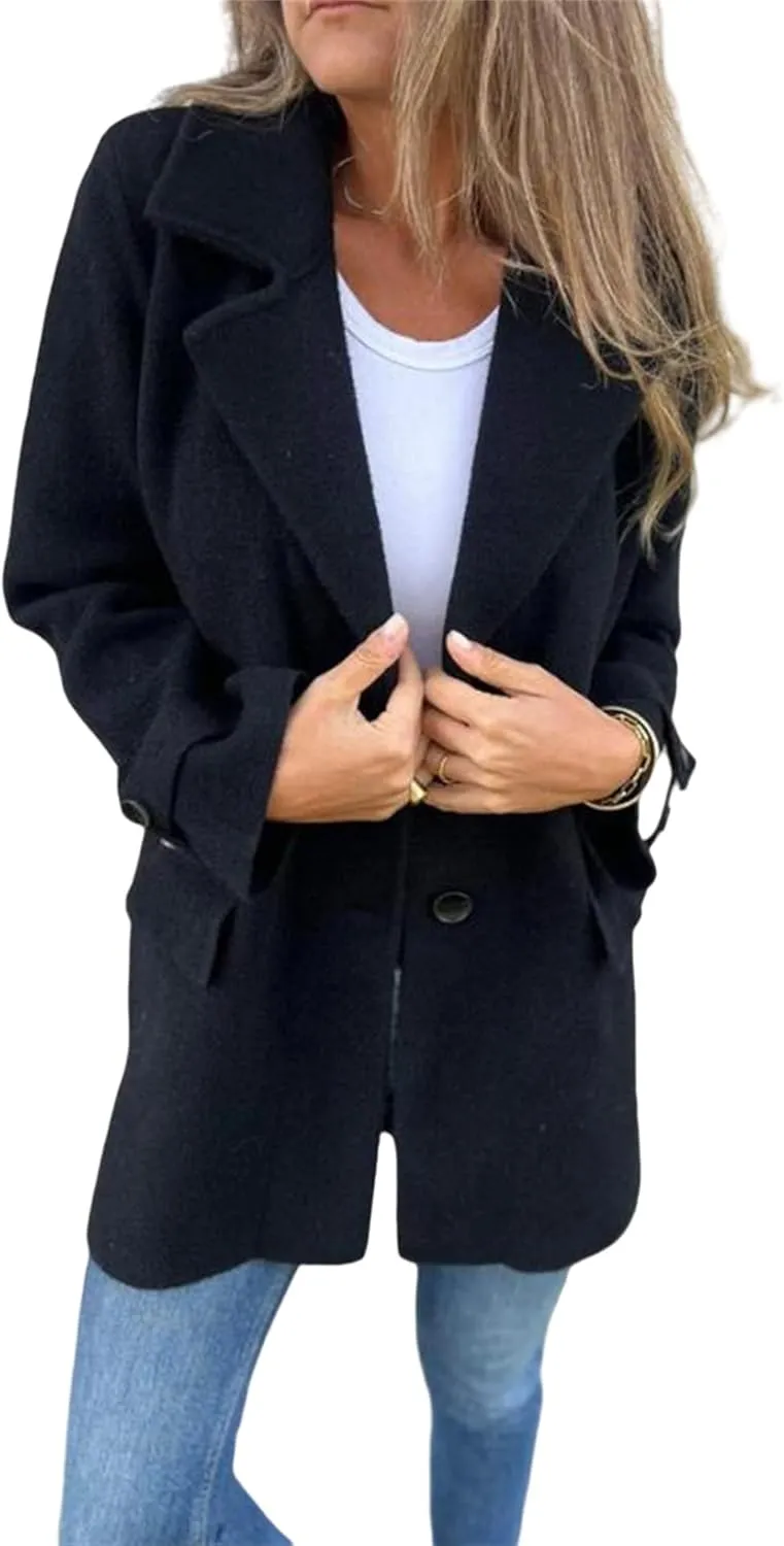 Mid-Long Coats for Women Notch Lapel Single Breasted Pea Coat Thicken Wool Blend Outwear Comfy Casual Trench Jacket