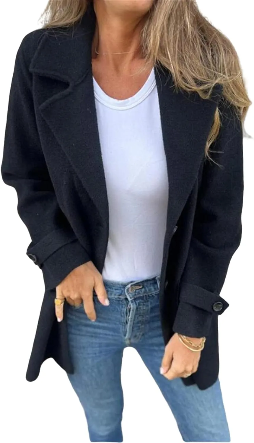 Mid-Long Coats for Women Notch Lapel Single Breasted Pea Coat Thicken Wool Blend Outwear Comfy Casual Trench Jacket