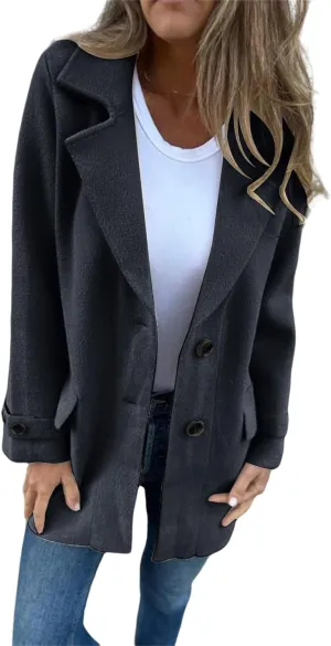 Mid-Long Coats for Women Notch Lapel Single Breasted Pea Coat Thicken Wool Blend Outwear Comfy Casual Trench Jacket