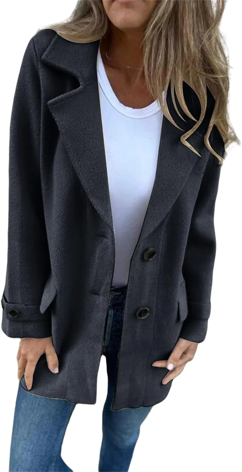 Mid-Long Coats for Women Notch Lapel Single Breasted Pea Coat Thicken Wool Blend Outwear Comfy Casual Trench Jacket