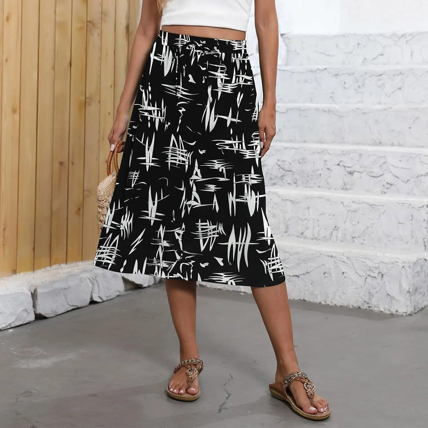 Midi Skirt for Women Summer Drawstring Elastic High Waist Skirt Knee Length Smocked A Line Fashion Skirts with Pockets