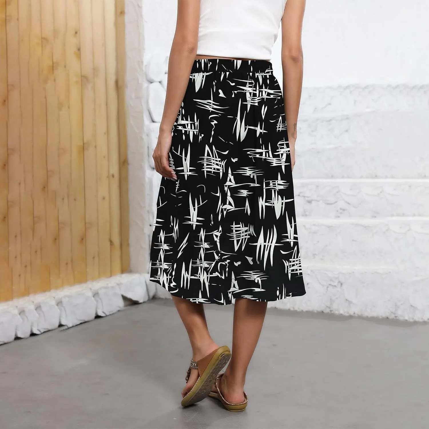 Midi Skirt for Women Summer Drawstring Elastic High Waist Skirt Knee Length Smocked A Line Fashion Skirts with Pockets