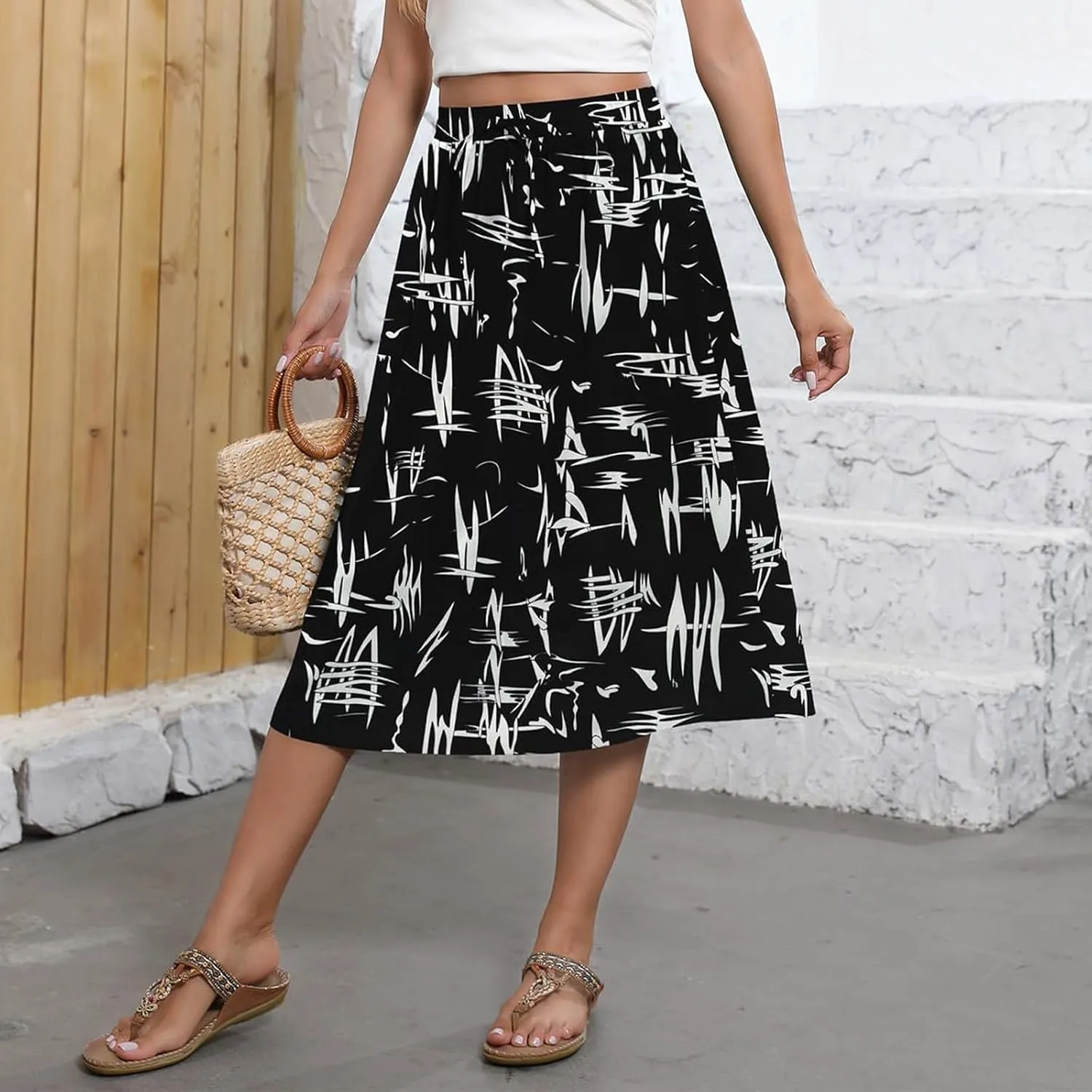 Midi Skirt for Women Summer Drawstring Elastic High Waist Skirt Knee Length Smocked A Line Fashion Skirts with Pockets