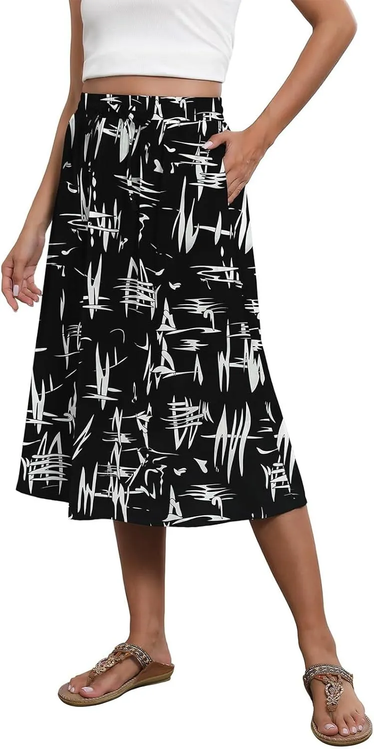 Midi Skirt for Women Summer Drawstring Elastic High Waist Skirt Knee Length Smocked A Line Fashion Skirts with Pockets