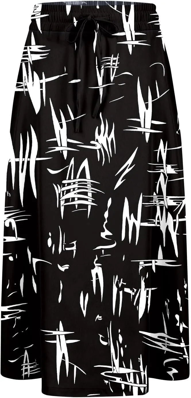 Midi Skirt for Women Summer Drawstring Elastic High Waist Skirt Knee Length Smocked A Line Fashion Skirts with Pockets