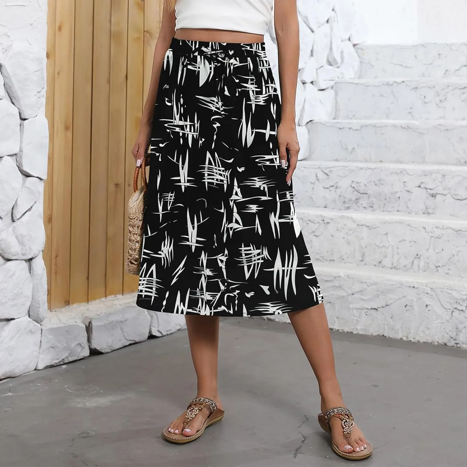 Midi Skirt for Women Summer Drawstring Elastic High Waist Skirt Knee Length Smocked A Line Fashion Skirts with Pockets
