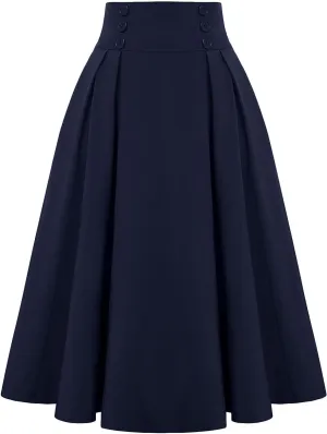 Midi Skirts for Women Elegant Vintage Button Elastic High Waisted Skirts Dressy Casual Pleated A Line Work Skirts