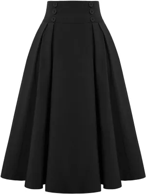 Midi Skirts for Women Elegant Vintage Button Elastic High Waisted Skirts Dressy Casual Pleated A Line Work Skirts