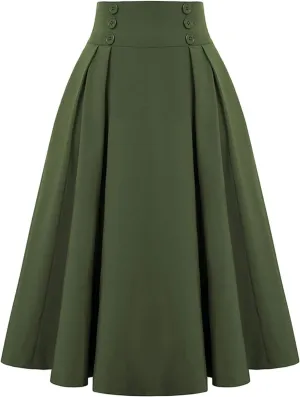 Midi Skirts for Women Elegant Vintage Button Elastic High Waisted Skirts Dressy Casual Pleated A Line Work Skirts