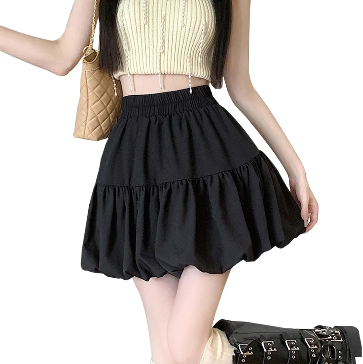 Mini Skirt Women's Solid High Waisted Sweet Pleated A Line Bubble Skirt A Line Flowy Petticoat Skirt for Women