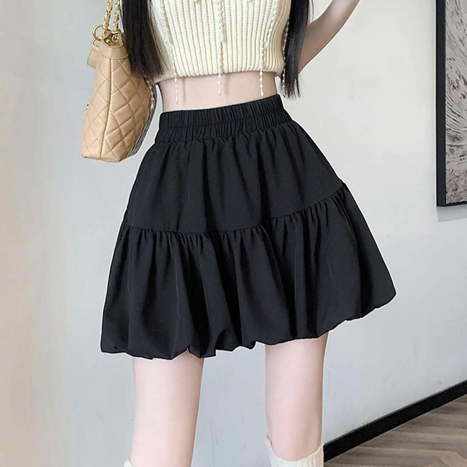 Mini Skirt Women's Solid High Waisted Sweet Pleated A Line Bubble Skirt A Line Flowy Petticoat Skirt for Women