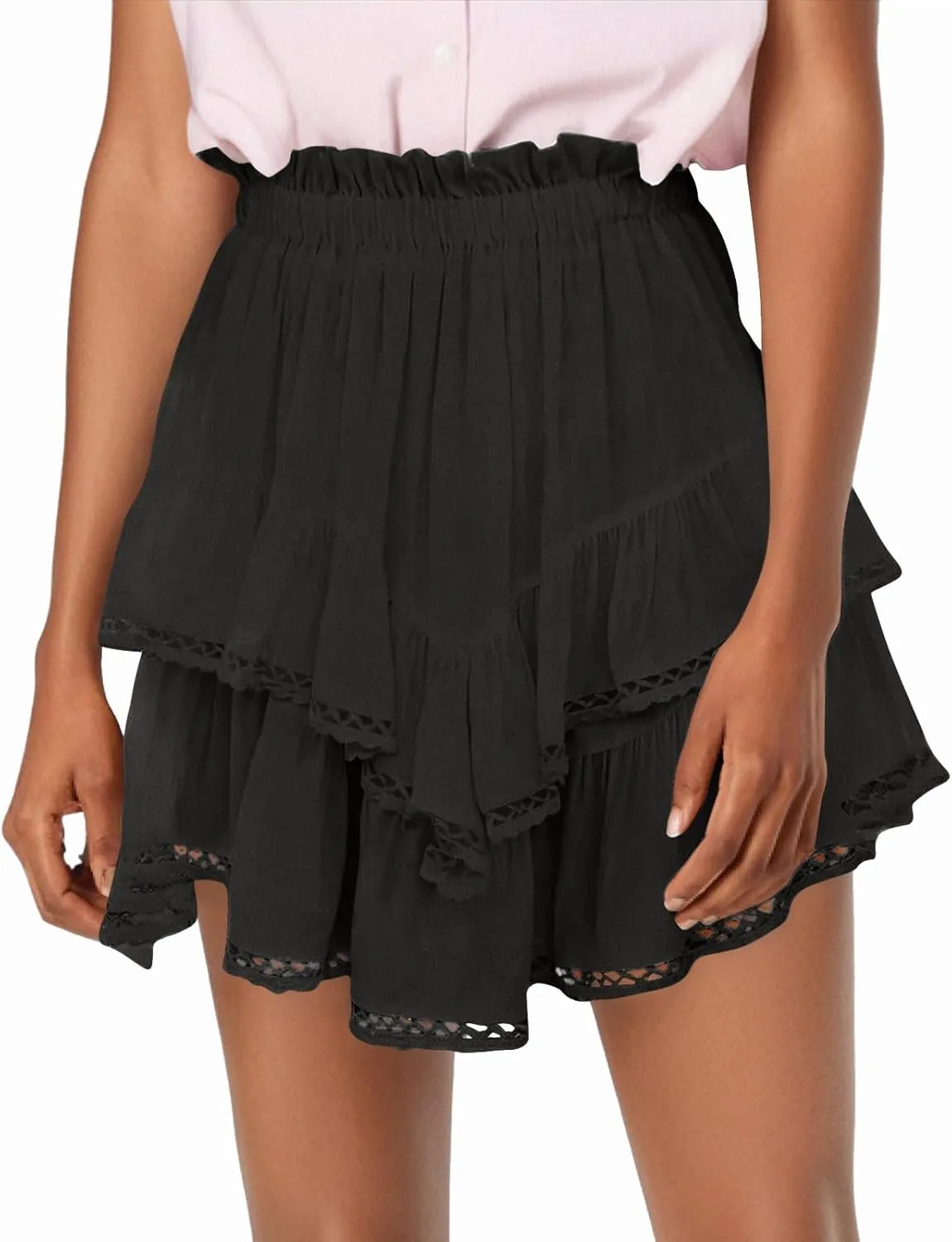 Mini Skirts for Women High Waisted Flowy Shorts for Women Casual Boho Ruffled Tiered Pleated Crochet Tennis Skorts Cute