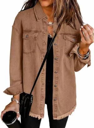 Mmoneyake Oversized Jean Jacket for Women Button Down Long Sleeve Shirt Shacket Boyfriend Denim Jacket Coats with Frayed Hem