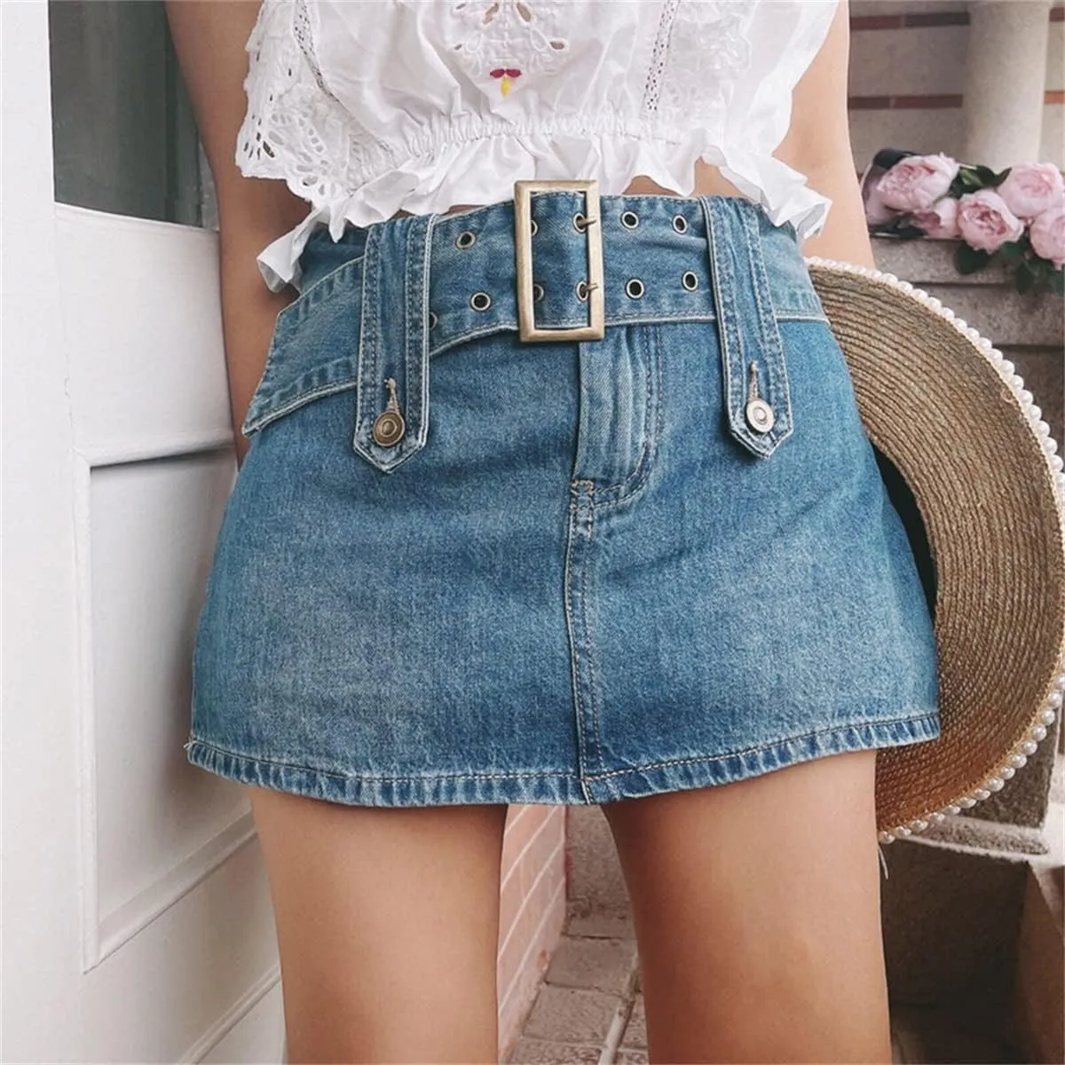 Mmoneyake Women Sexy Short Jeans Skirts Low Waist Denim Shorts with Belt Buckled Belt Drop Waist Straight Denim Skirt