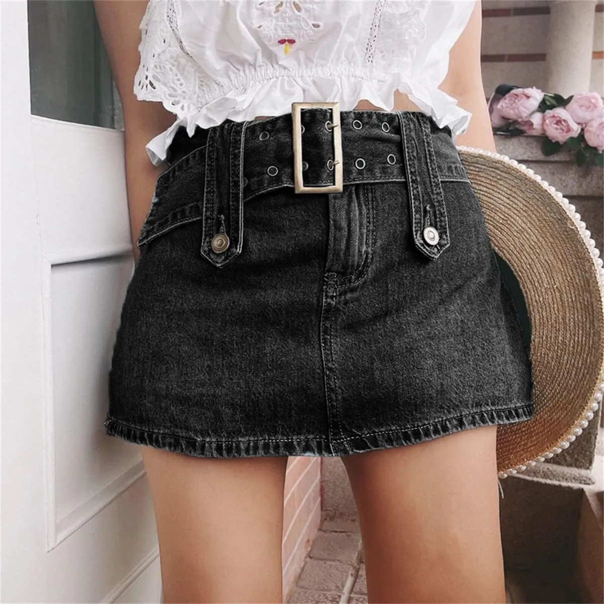 Mmoneyake Women Sexy Short Jeans Skirts Low Waist Denim Shorts with Belt Buckled Belt Drop Waist Straight Denim Skirt