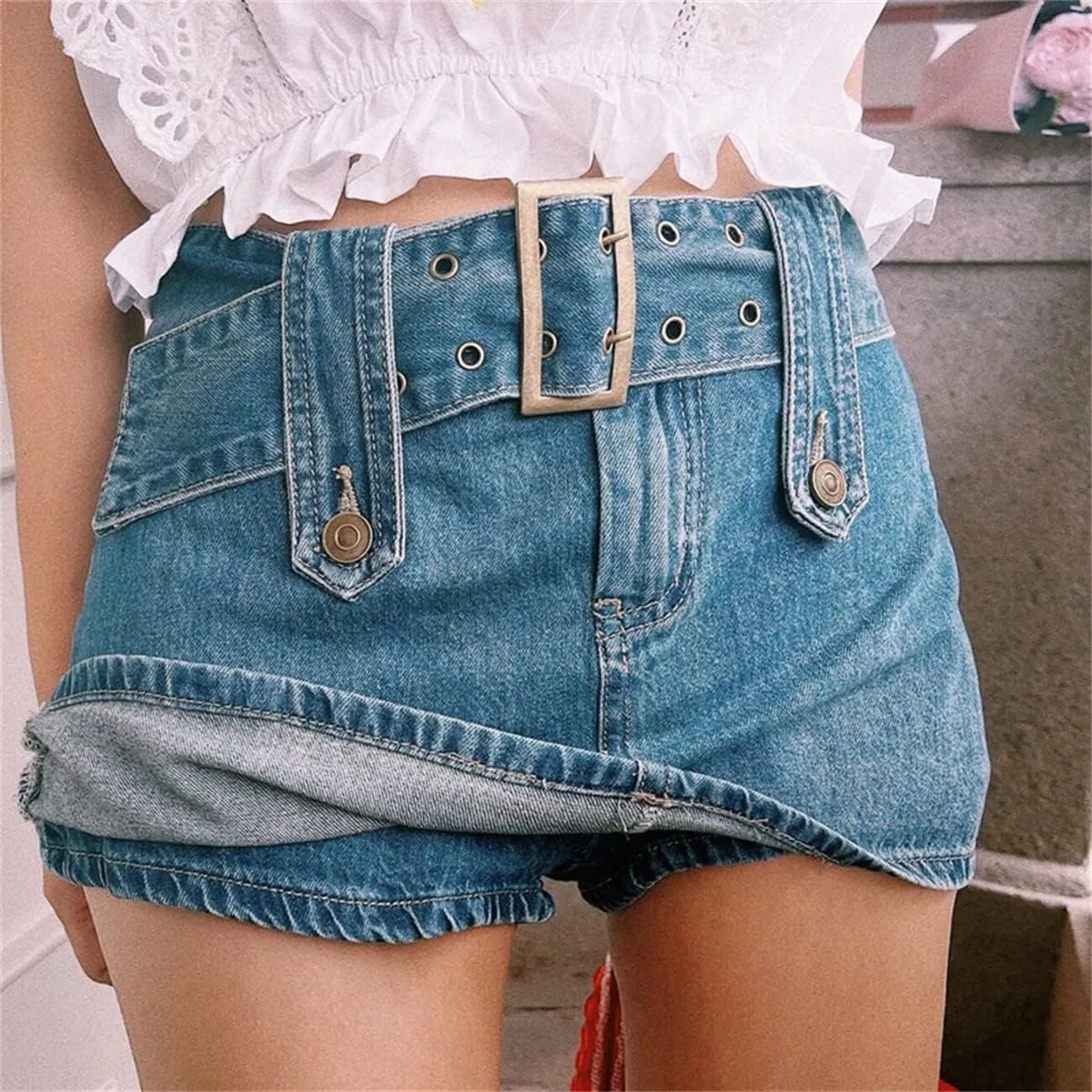 Mmoneyake Women Sexy Short Jeans Skirts Low Waist Denim Shorts with Belt Buckled Belt Drop Waist Straight Denim Skirt