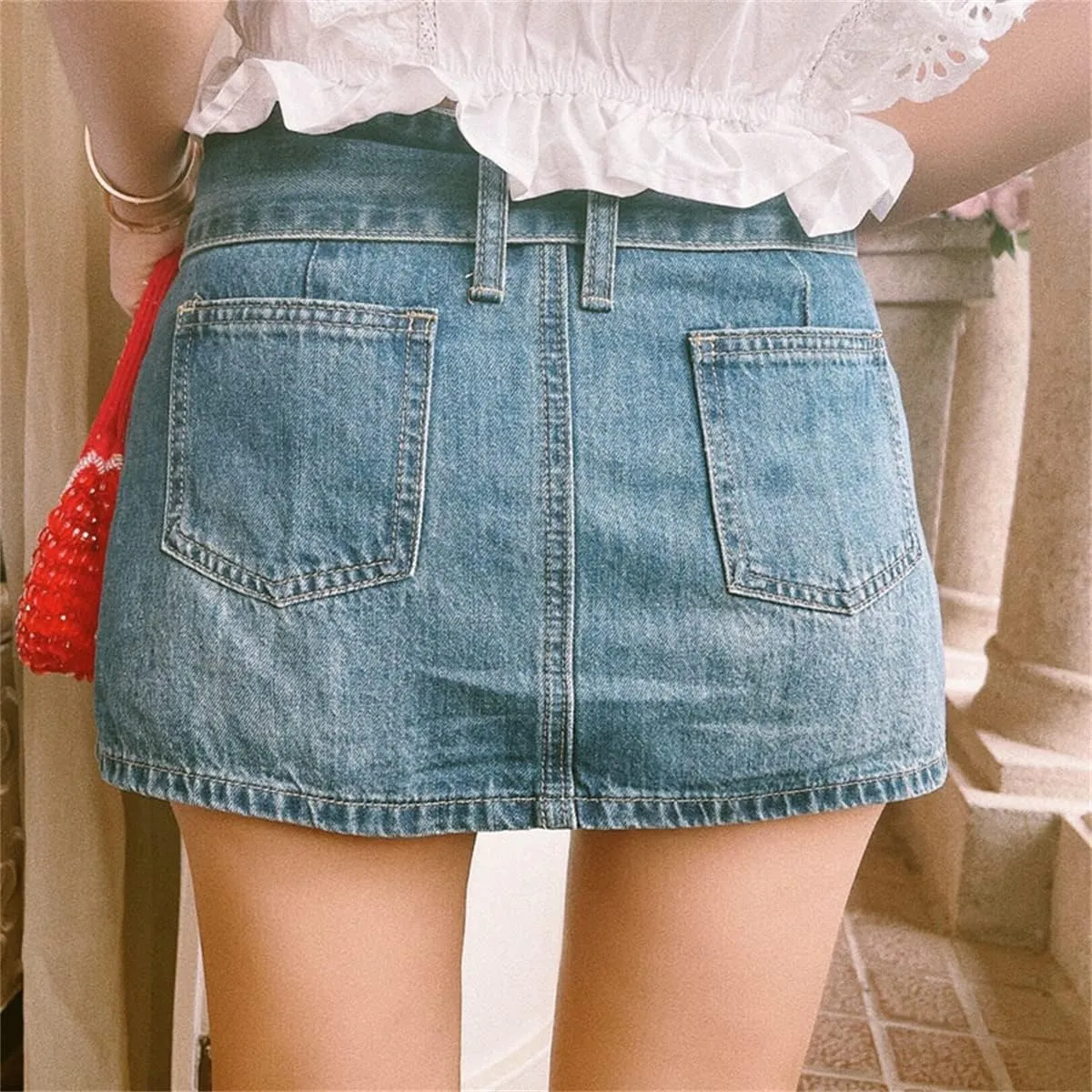 Mmoneyake Women Sexy Short Jeans Skirts Low Waist Denim Shorts with Belt Buckled Belt Drop Waist Straight Denim Skirt